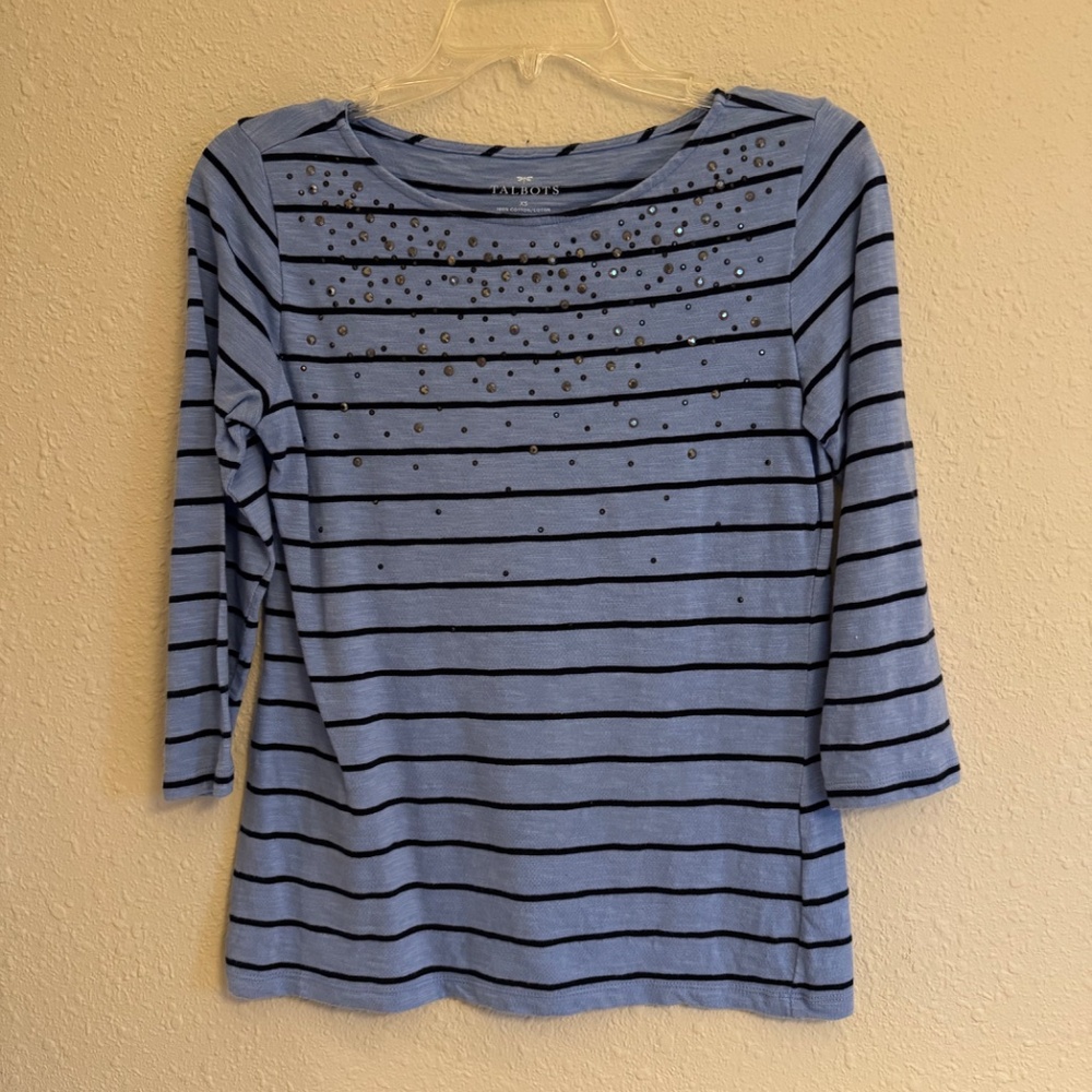 XS Talbots blue striped boatneck top with studs on front - Picture 4 of 7